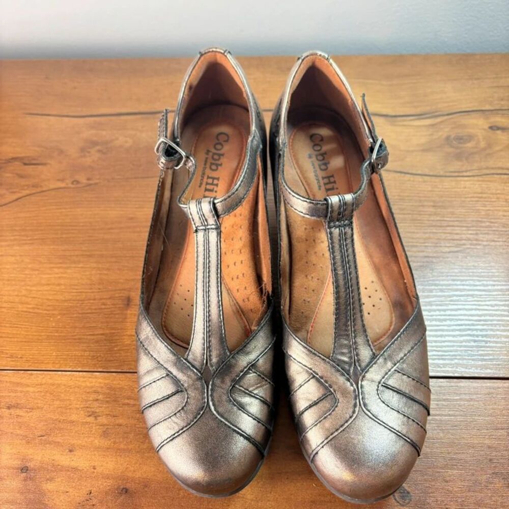 Cobb Hill New Balance Metallic Bronze Pewter Leather T-Strap Mary Jane Heels 8.5 - Picture 8 of 12